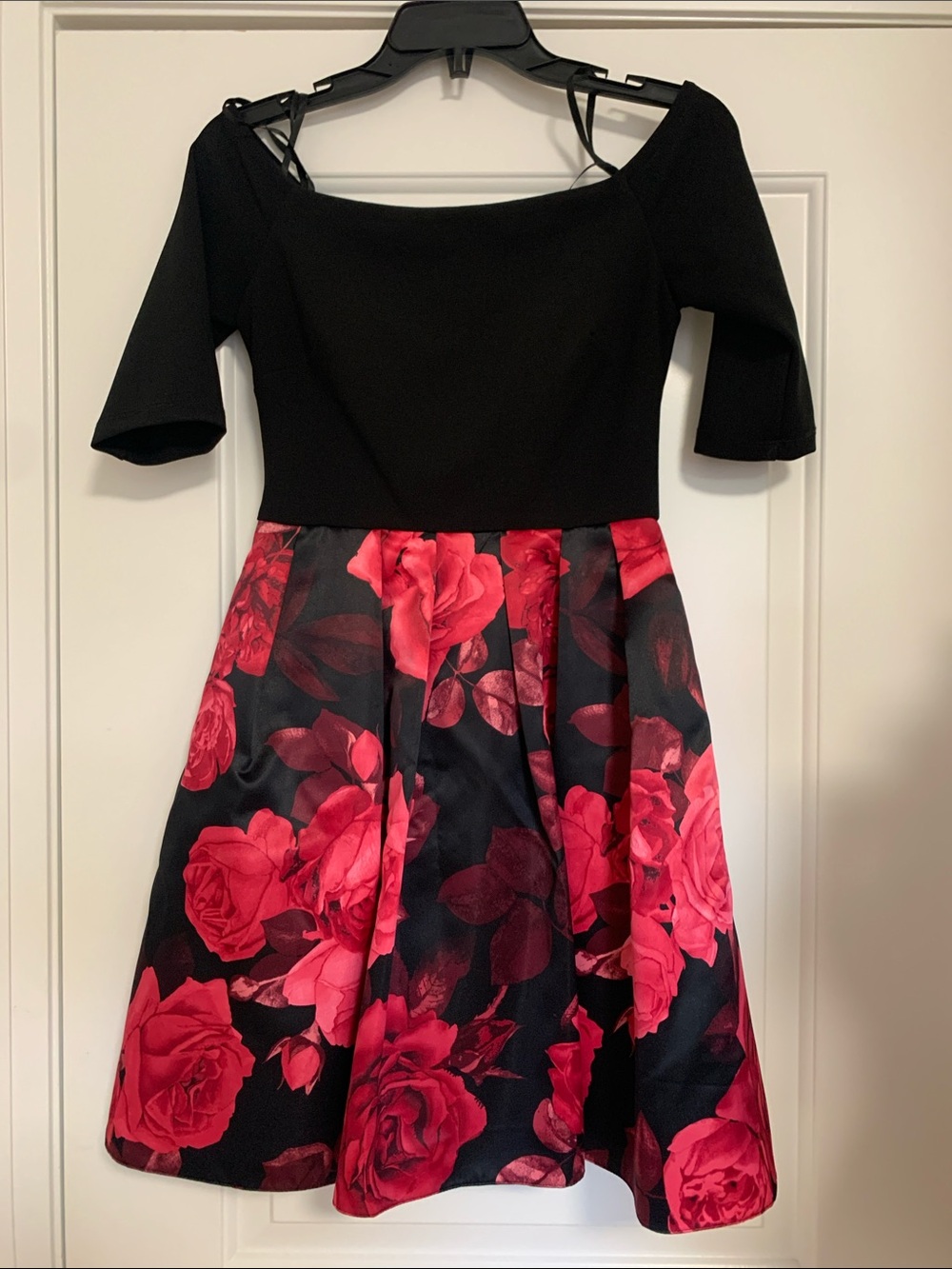 Betsy & Adam Black Mini Dress with Red Rose Print
